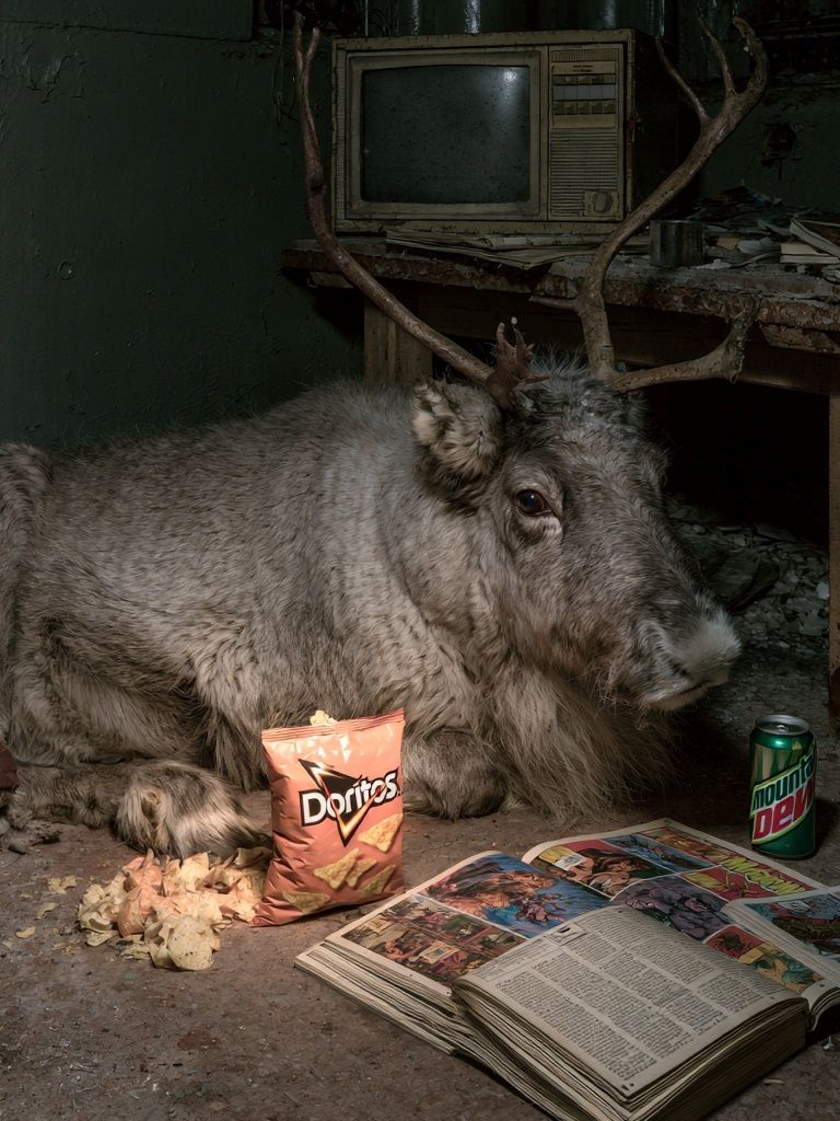 Reindeer in Abandoned Room Print. poster detail