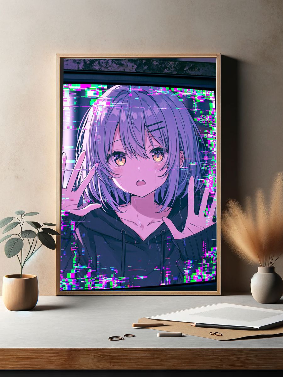 Glitch Anime Girl Digital Art Poster. — room view 2