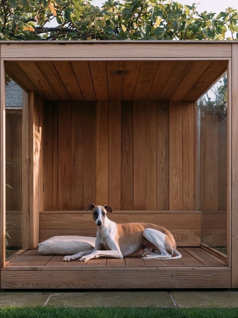 Greyhound in Wooden Garden Shelter Poster. poster detail