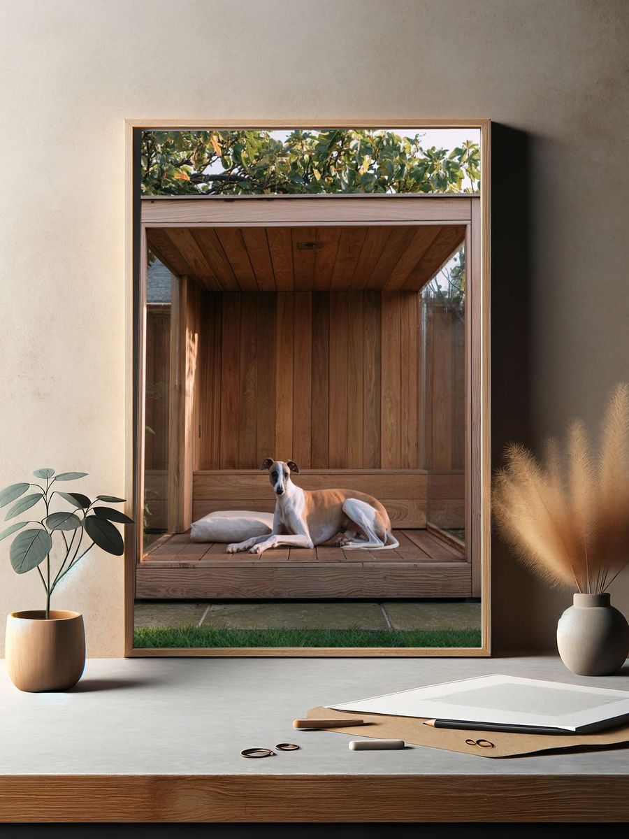 Greyhound in Wooden Garden Shelter Poster. — room view 2