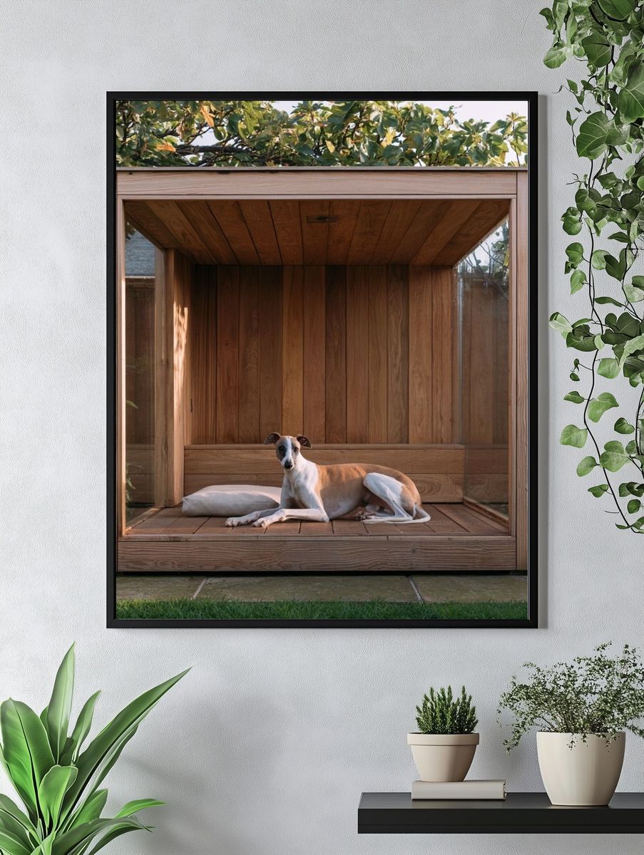 Greyhound in Wooden Garden Shelter Poster. — room view 4