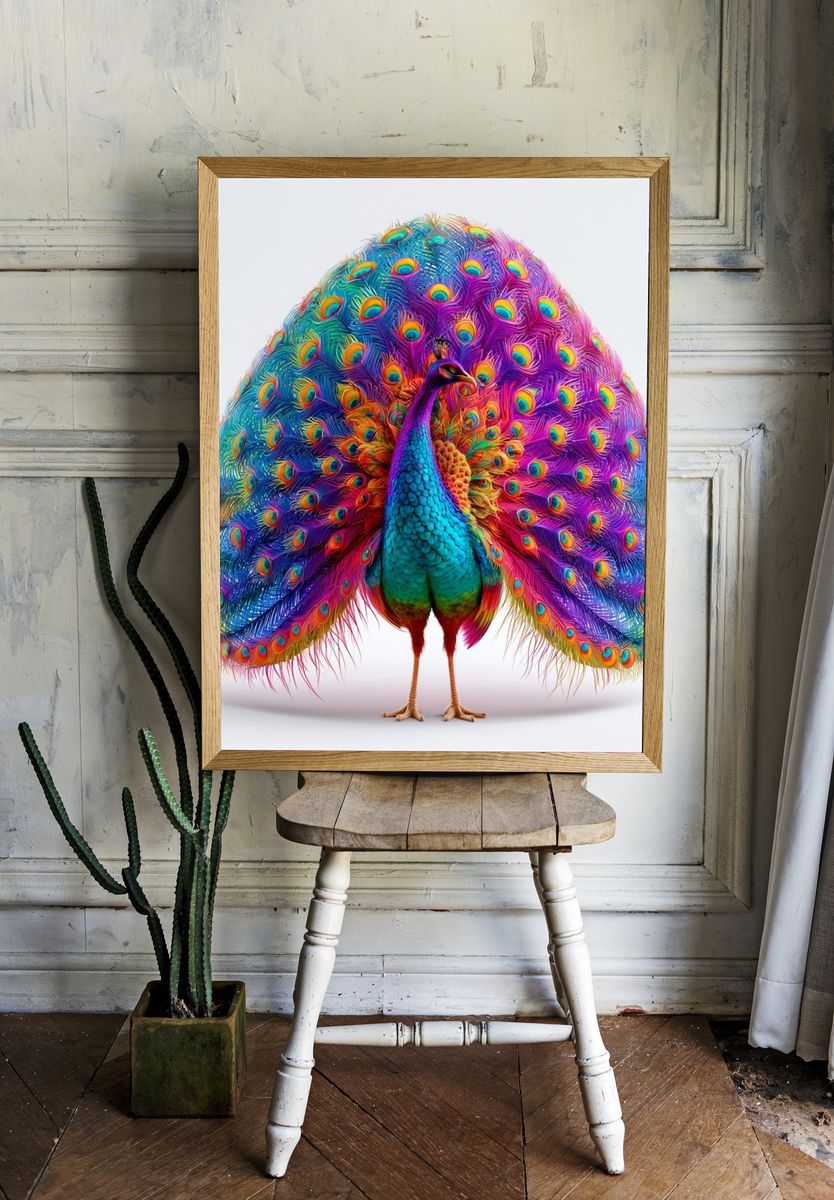 Rainbow Peacock Illustration Poster. — room view 1