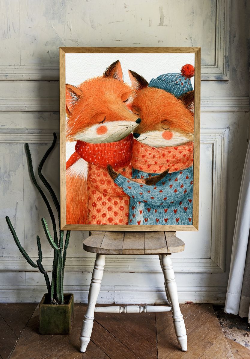 Sleeping Fox Friends Illustration Poster. — room view 1