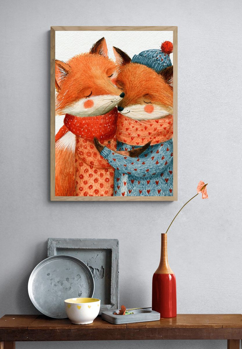 Sleeping Fox Friends Illustration Poster. — room view 3