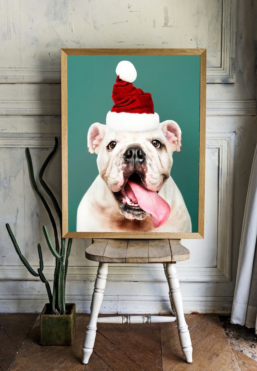 Bulldog Santa Hat Portrait Print room preview