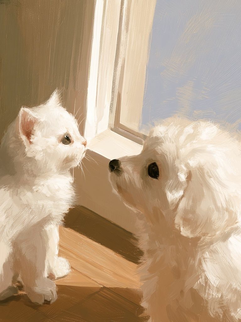 White Cat and Dog Portrait Print. poster — animals art