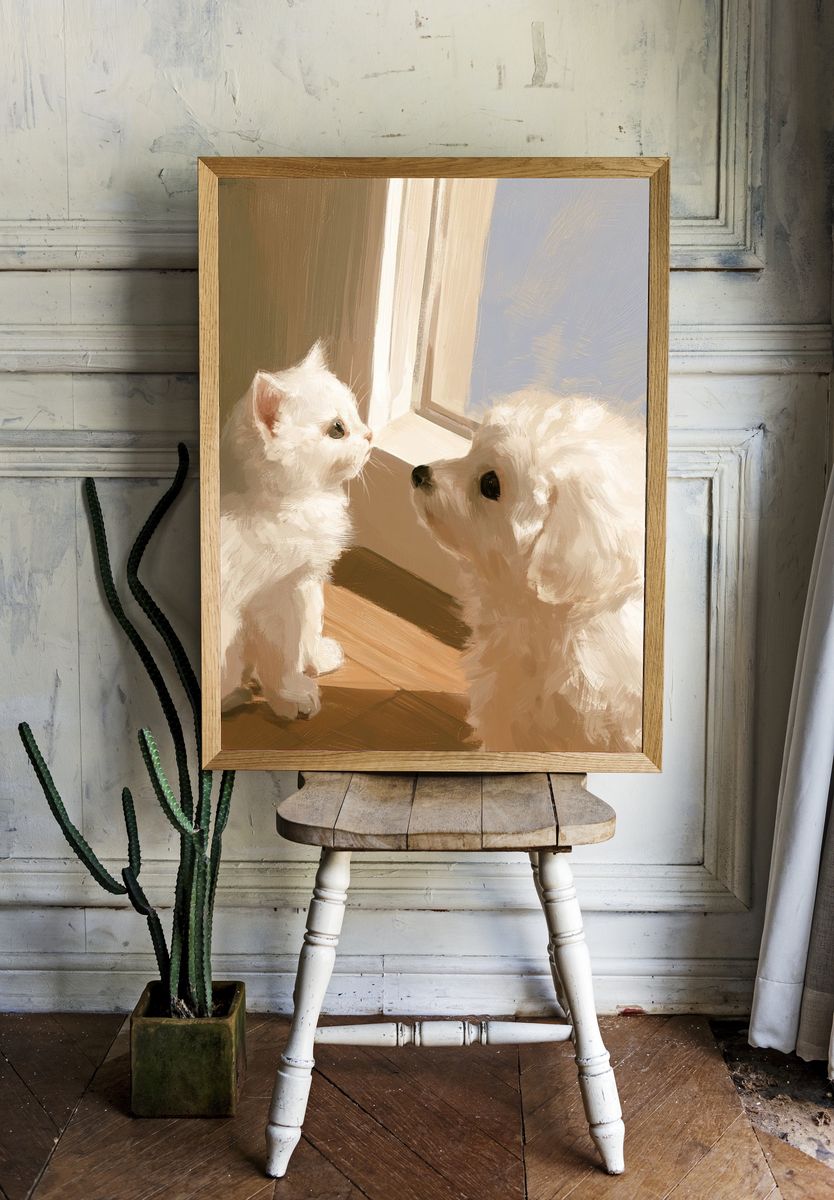White Cat and Dog Portrait Print. — room view 1