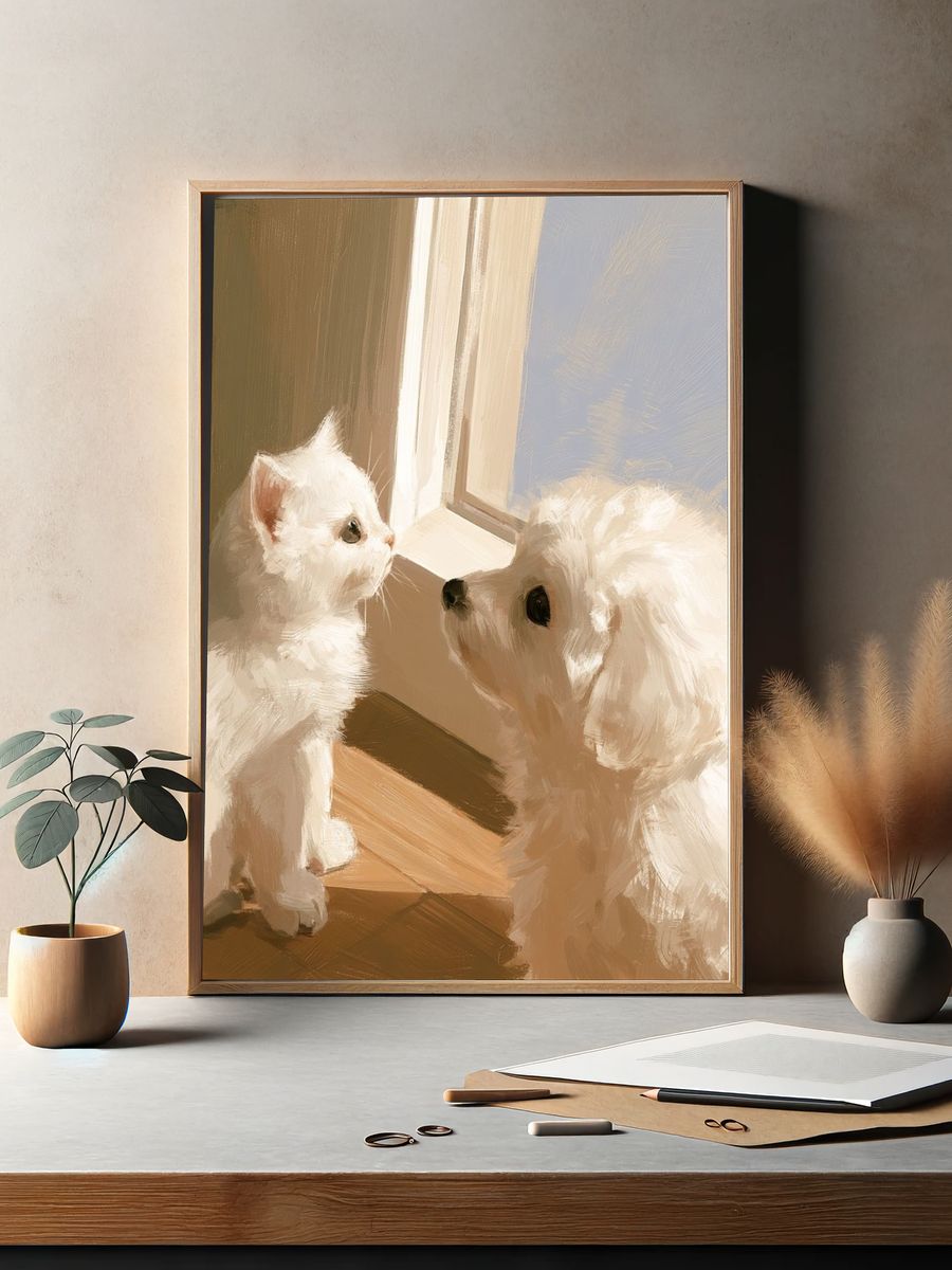 White Cat and Dog Portrait Print. — room view 2
