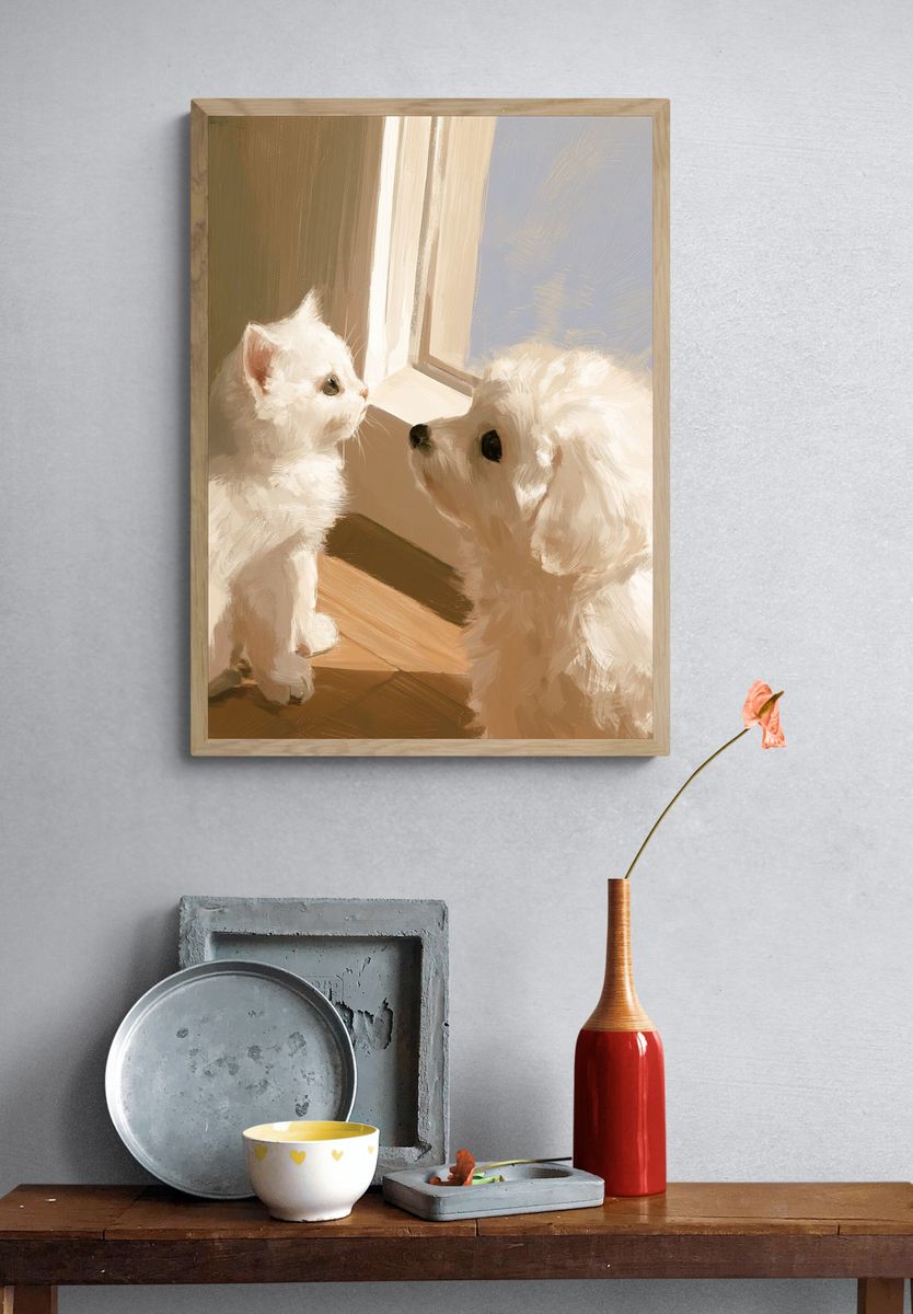 White Cat and Dog Portrait Print. — room view 3