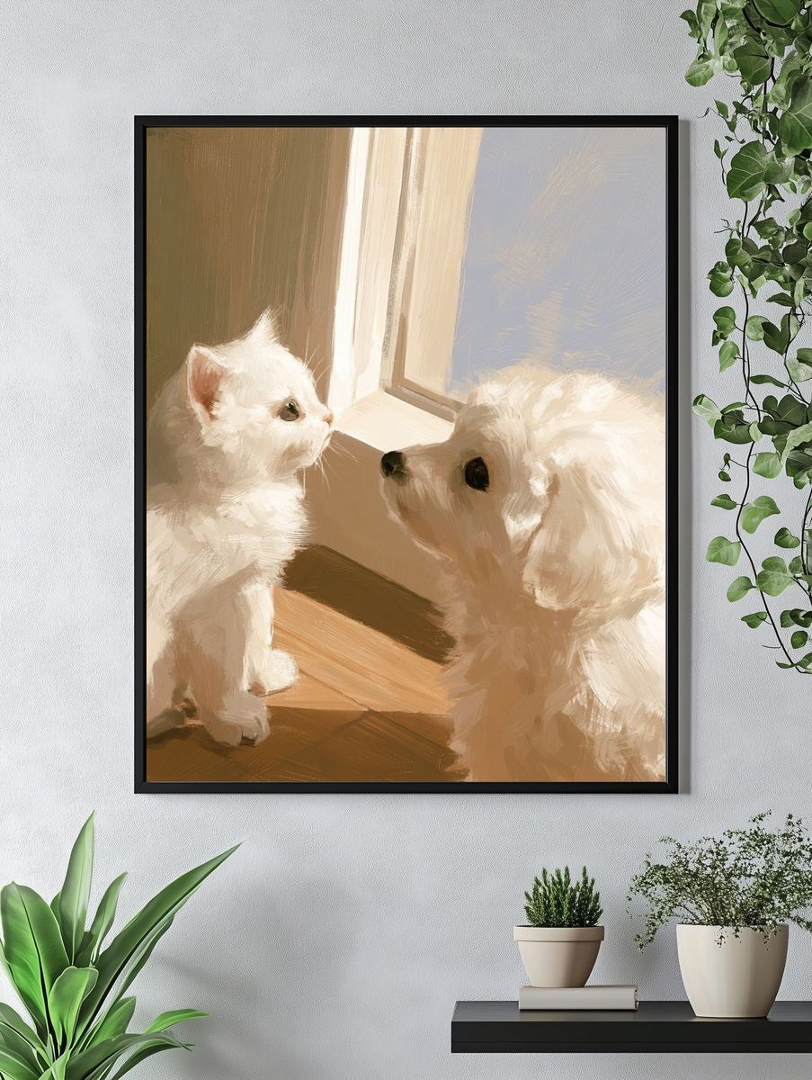 White Cat and Dog Portrait Print. — room view 4