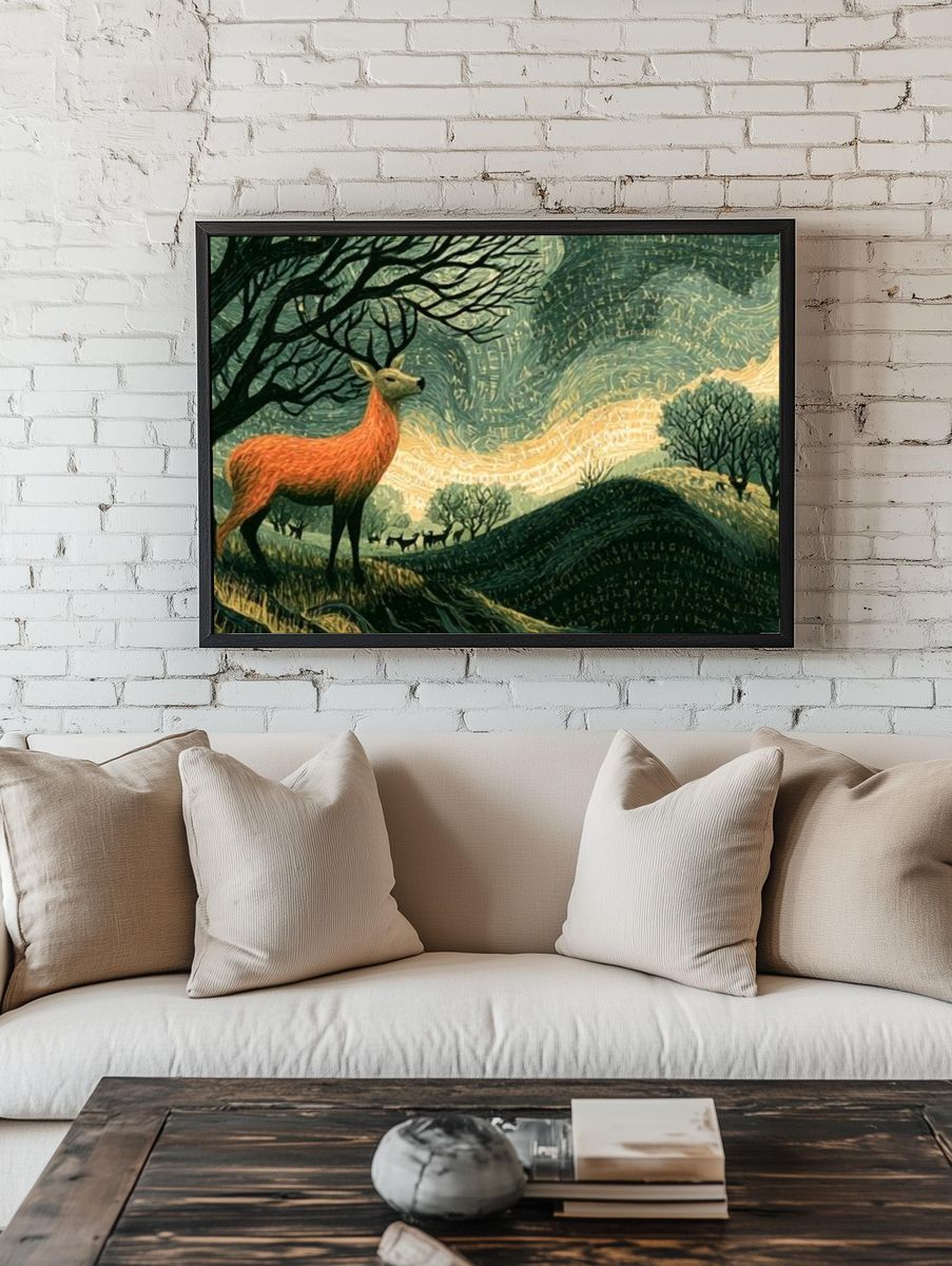 Deer at Dusk Illustration Poster. room preview