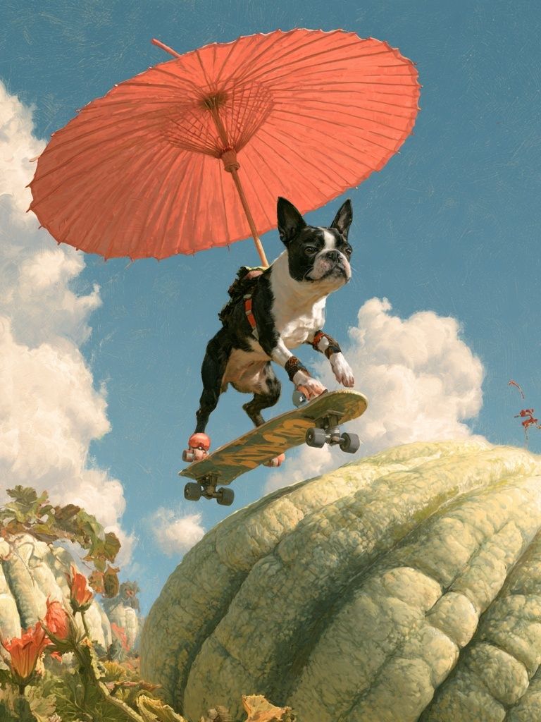 Skateboarding Bulldog Surreal Print. poster detail