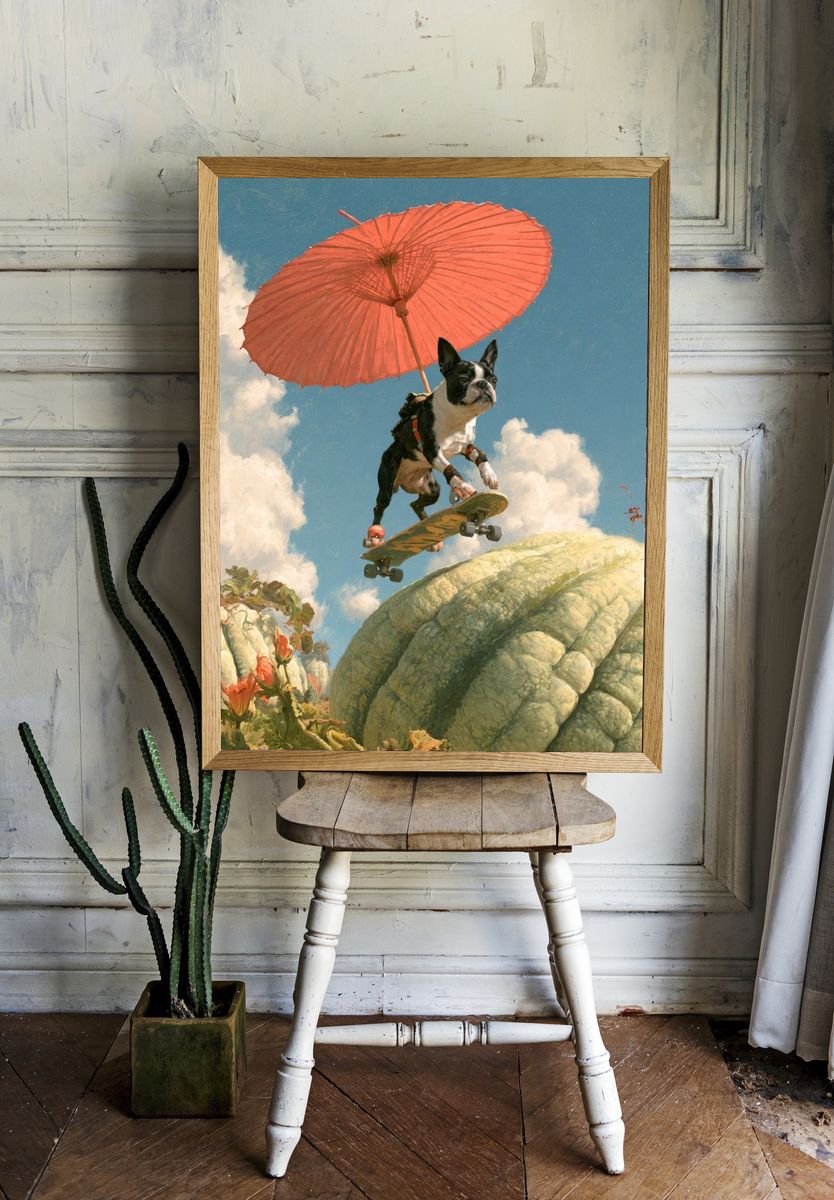 Skateboarding Bulldog Surreal Print. room preview