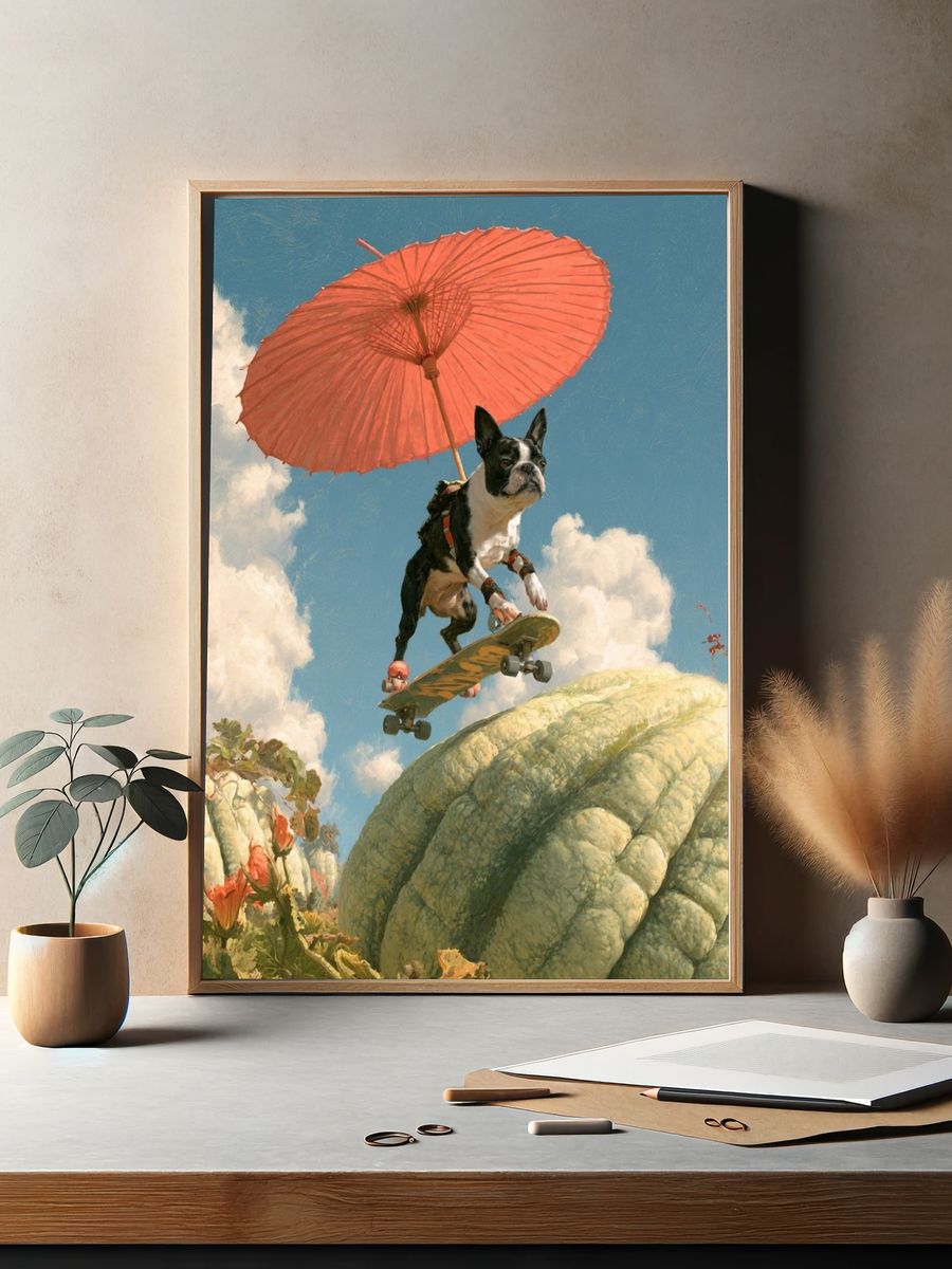 Skateboarding Bulldog Surreal Print. — room view 2