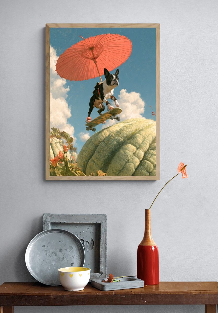 Skateboarding Bulldog Surreal Print. — room view 3