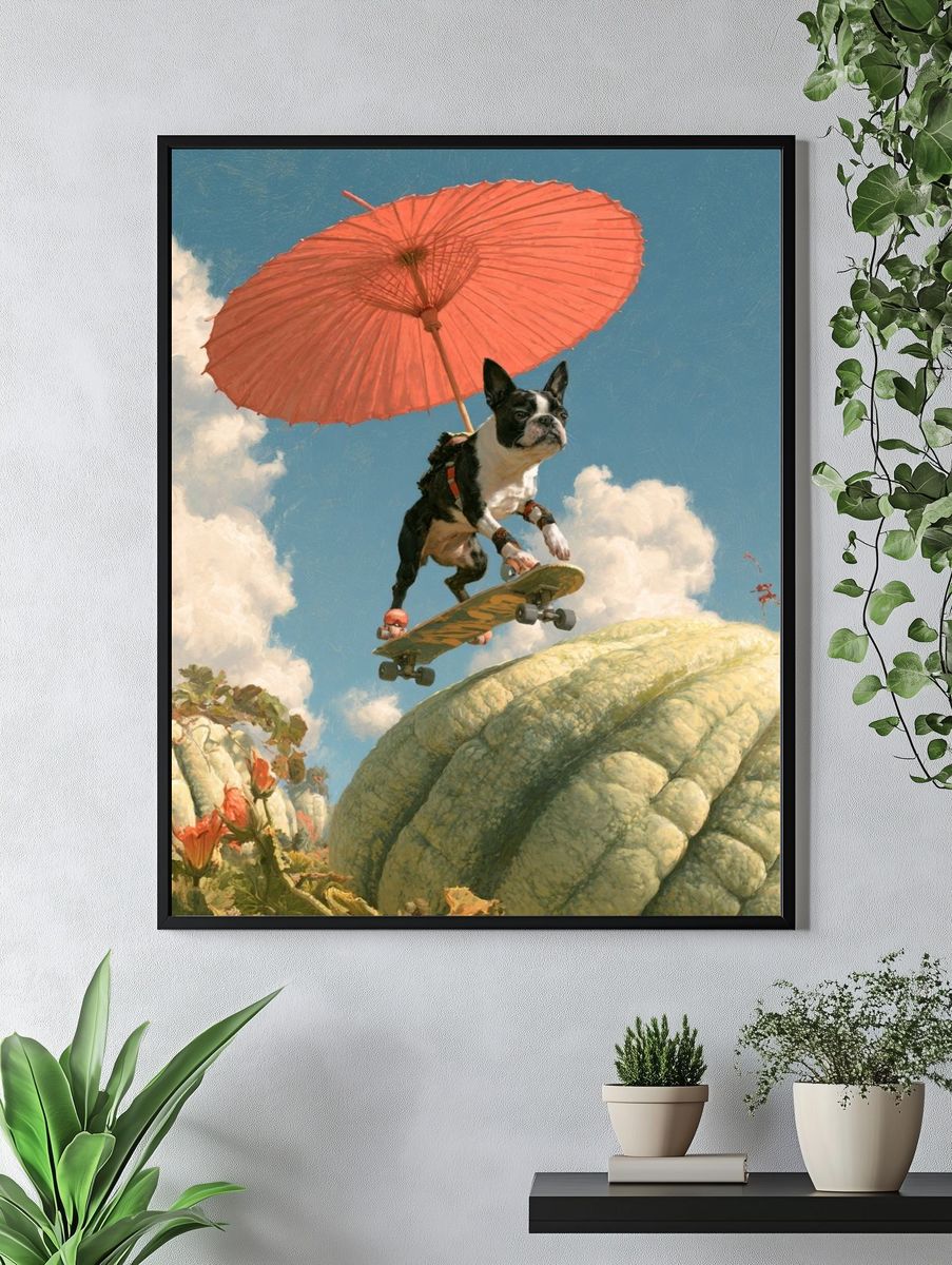 Skateboarding Bulldog Surreal Print. — room view 4