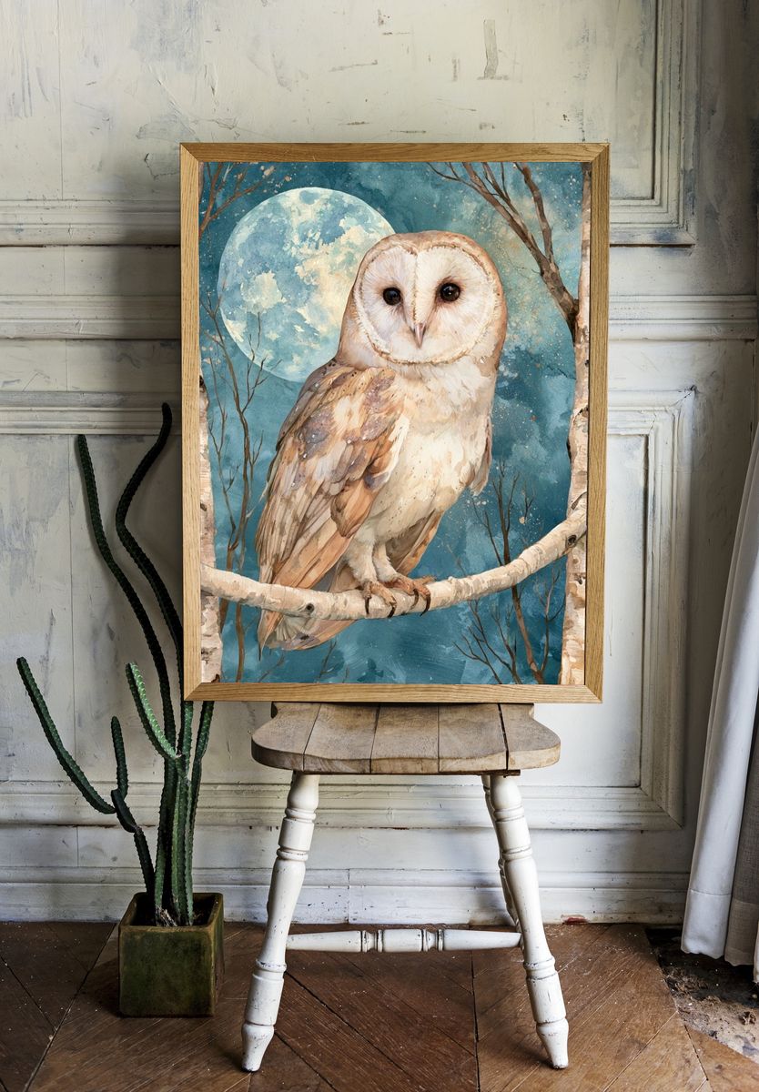 Moonlit Owl Watercolor Poster. room preview