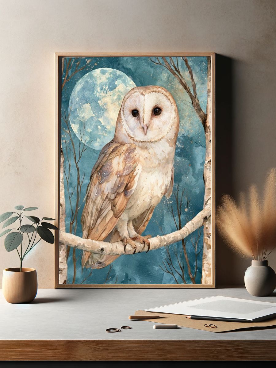Moonlit Owl Watercolor Poster. — room view 2