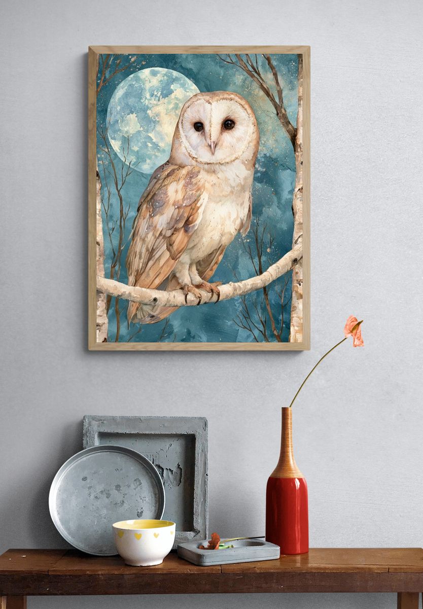 Moonlit Owl Watercolor Poster. — room view 3