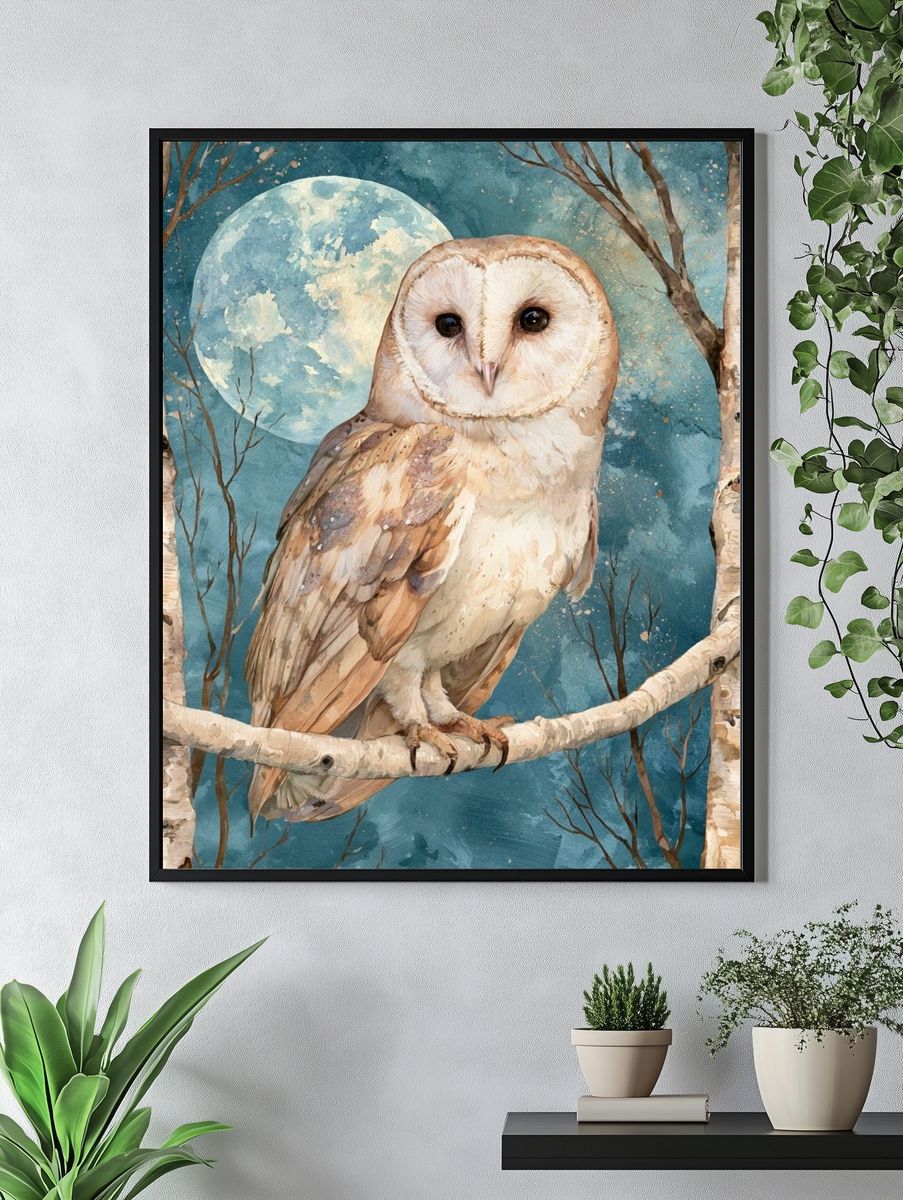 Moonlit Owl Watercolor Poster. — room view 4