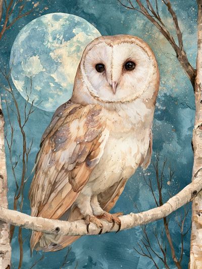 Moonlit Owl Watercolor Poster.