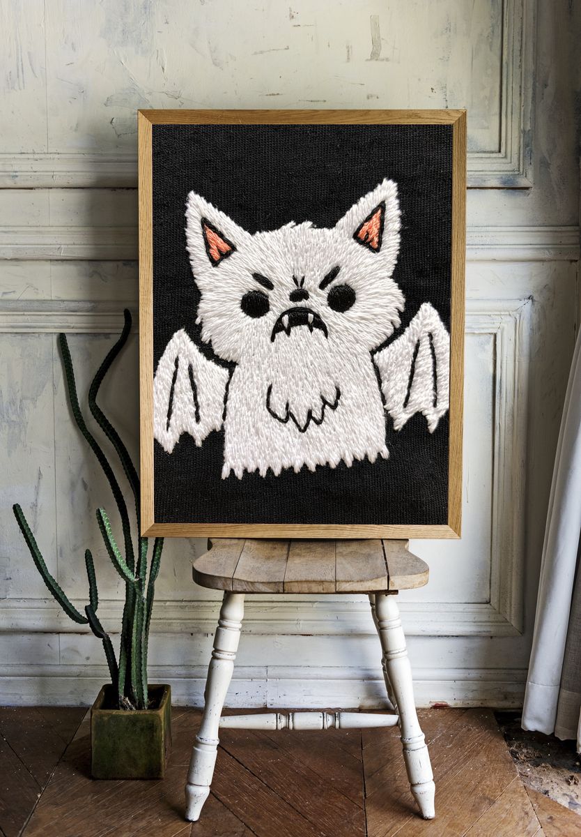 Cute Bat Cat Embroidery Print. room preview