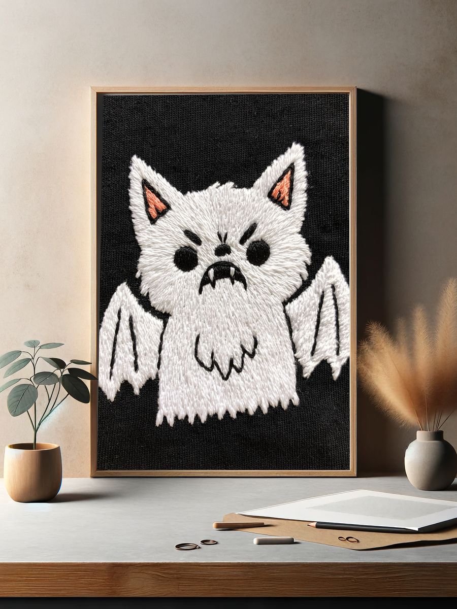 Cute Bat Cat Embroidery Print. — room view 2