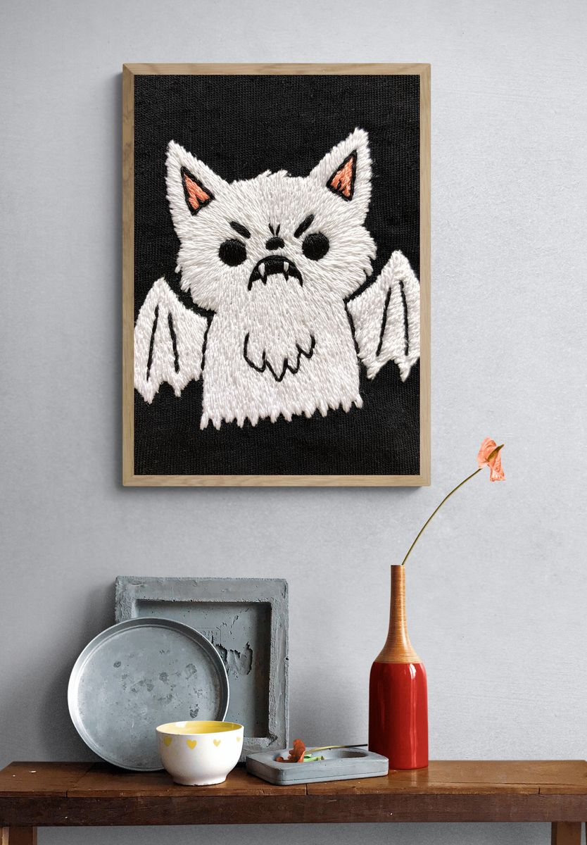 Cute Bat Cat Embroidery Print. — room view 3