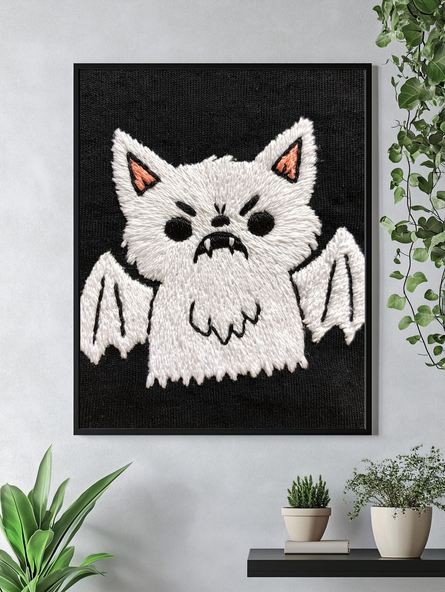 Cute Bat Cat Embroidery Print. — room view 4