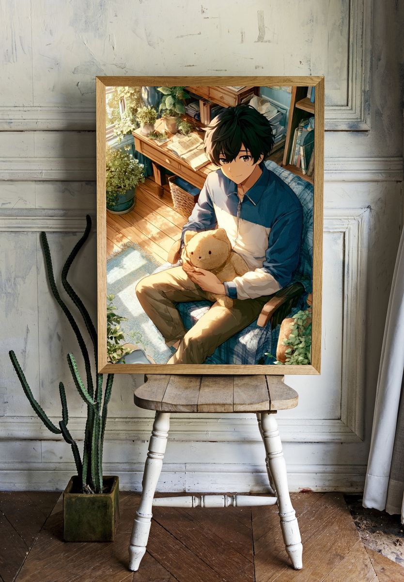 Sunlit Anime Boy with Teddy Poster. — room view 1