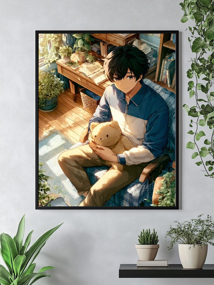Sunlit Anime Boy with Teddy Poster. — room view 4