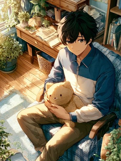 Sunlit Anime Boy with Teddy Poster. poster