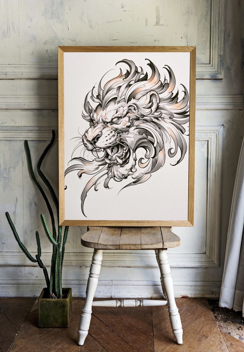 Roaring Lion Ink Illustration Poster. room preview