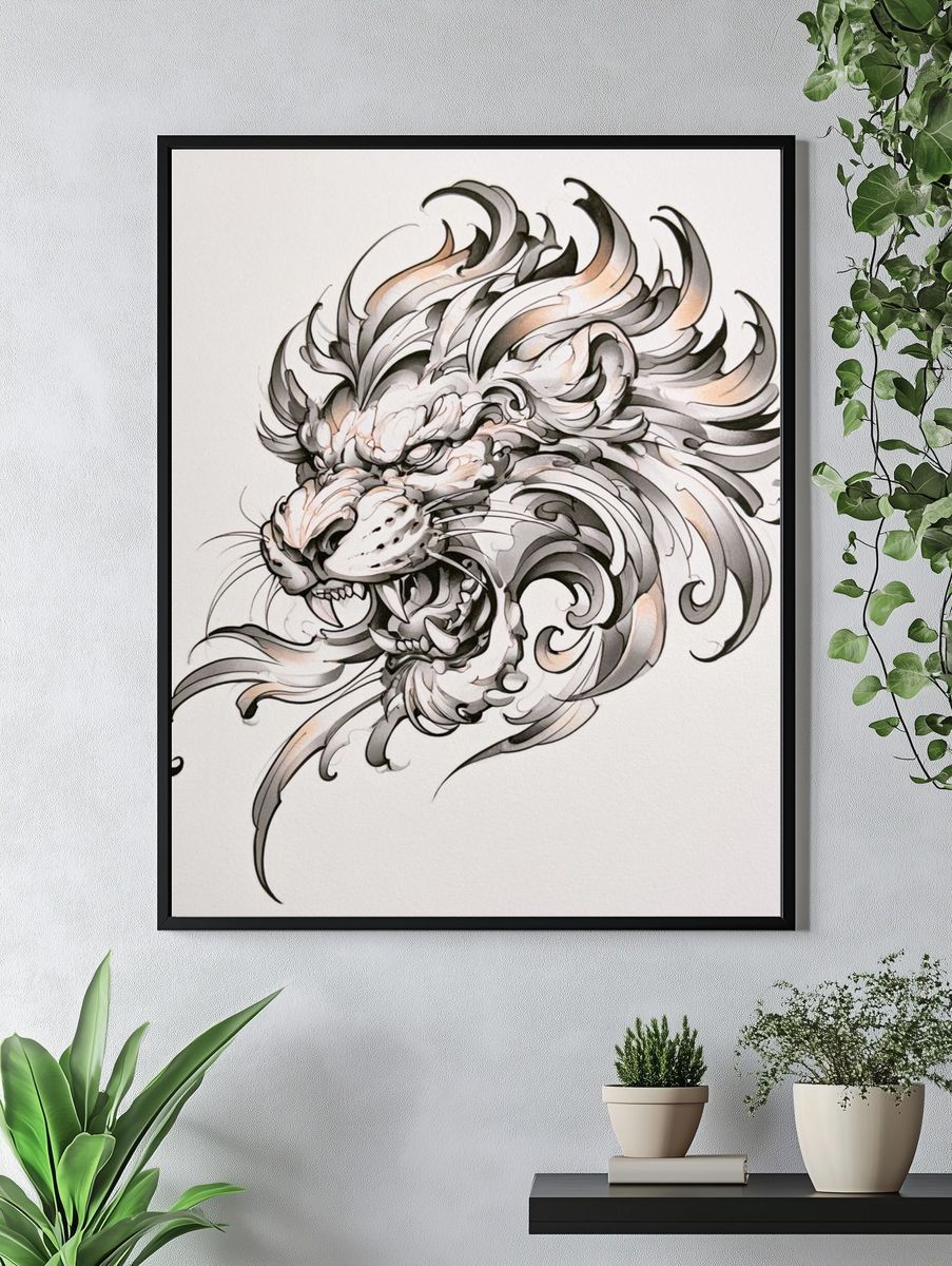 Roaring Lion Ink Illustration Poster. — room view 4
