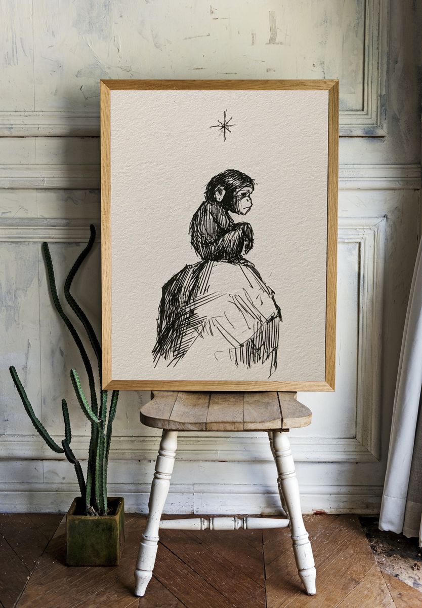 Monkey on Rock Ink Print. — room view 1