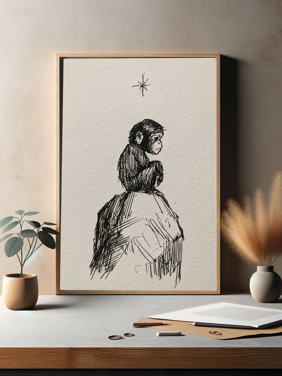 Monkey on Rock Ink Print. — room view 2