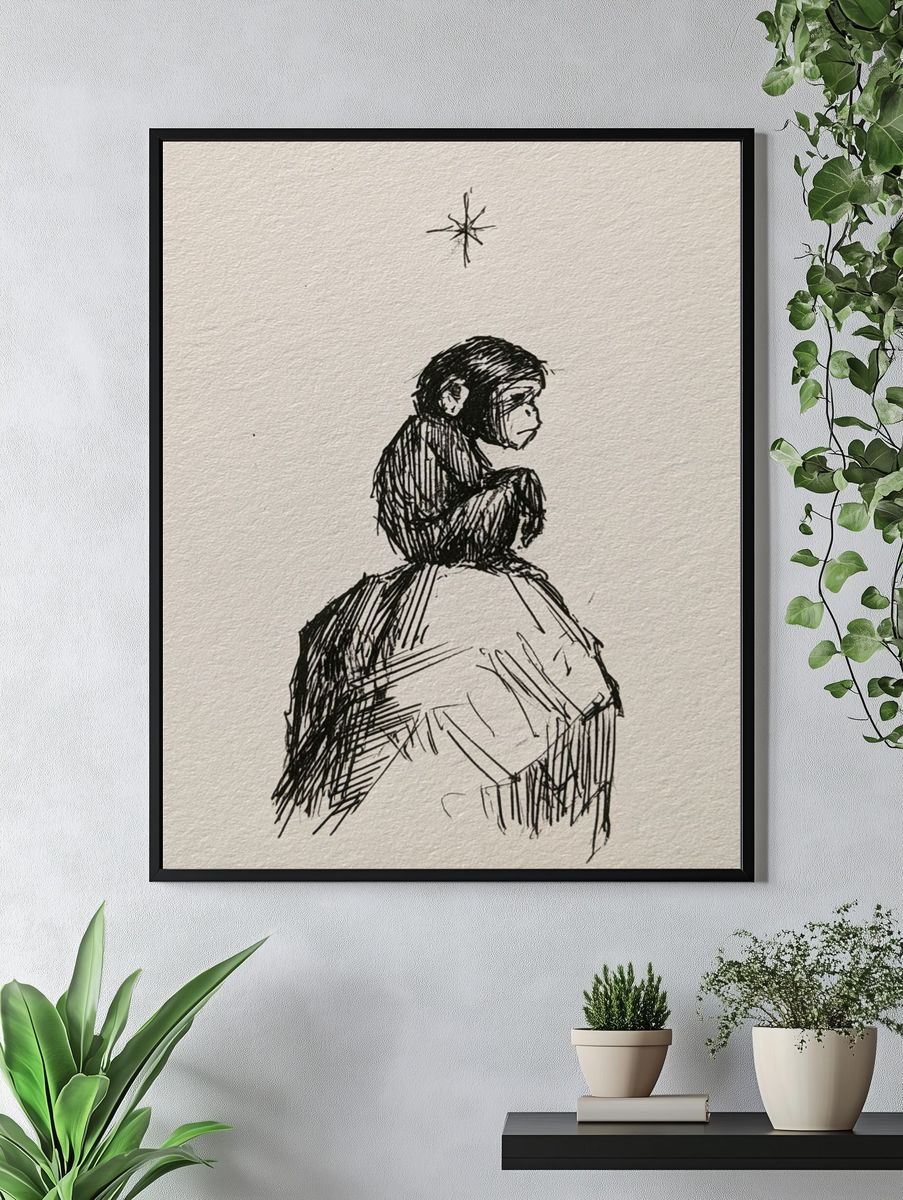 Monkey on Rock Ink Print. — room view 4