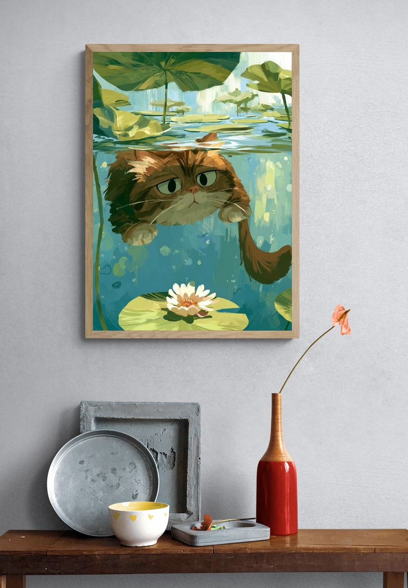 Cat in Lily Pond Illustration Poster. — room view 3