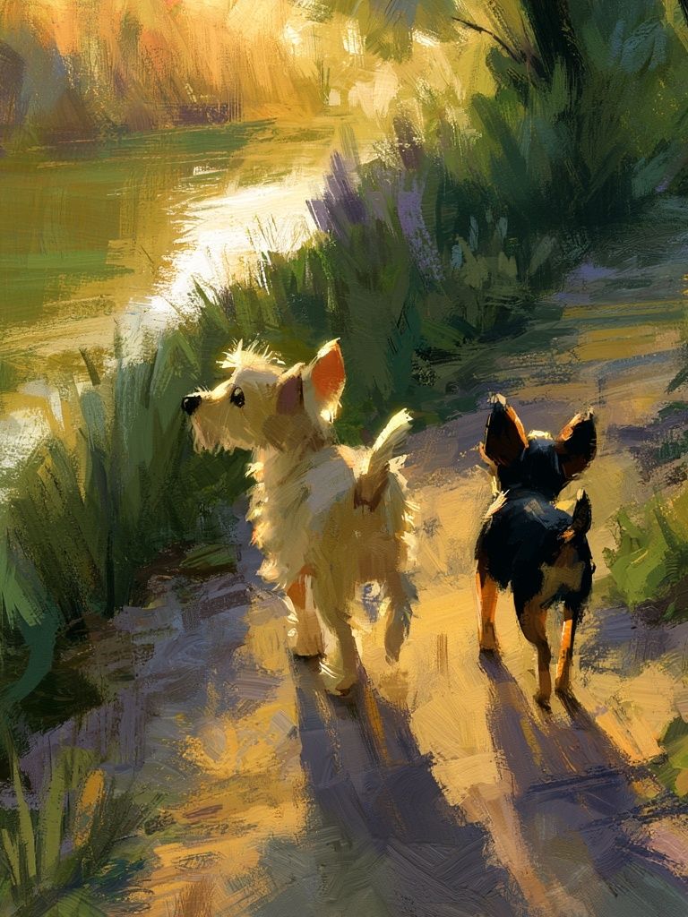 Dogs on Sunlit Path Illustration Poster. poster detail