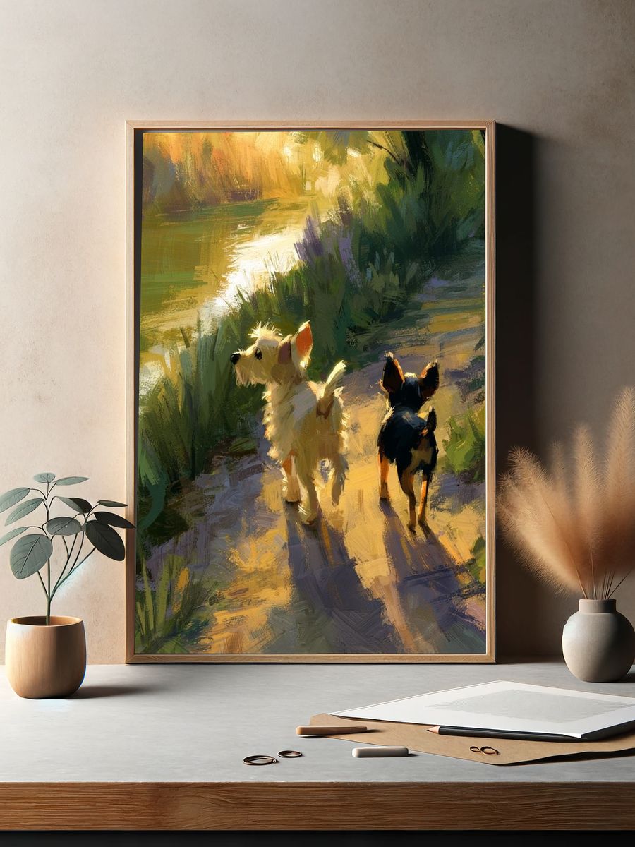 Dogs on Sunlit Path Illustration Poster. — room view 2