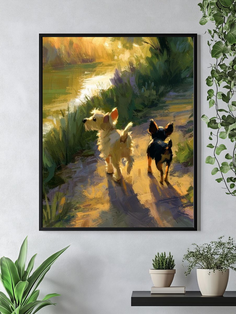 Dogs on Sunlit Path Illustration Poster. — room view 4