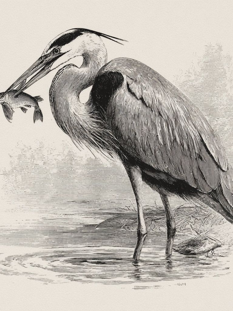 Heron Fishing Ink Print. poster — animals art