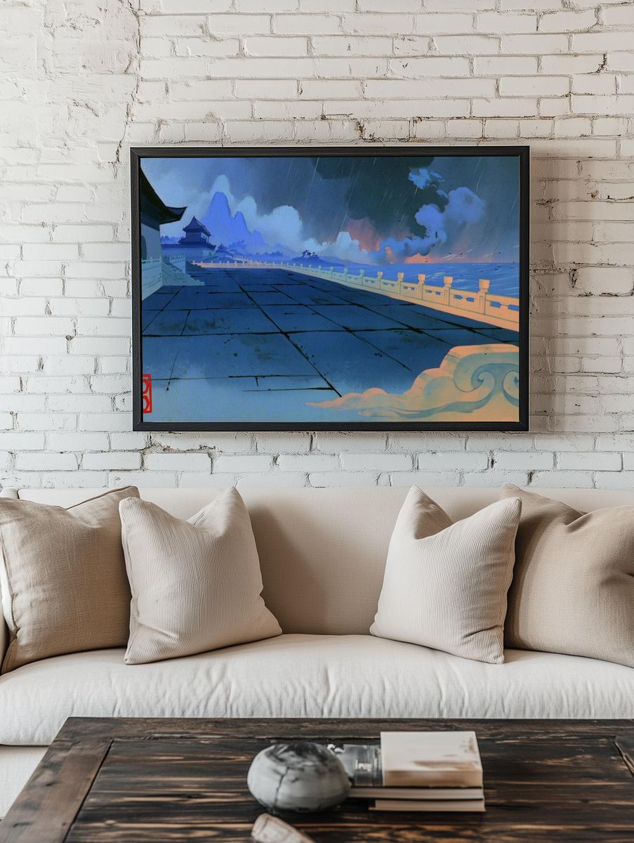 Rainy Temple Terrace Anime Print. — room view 1