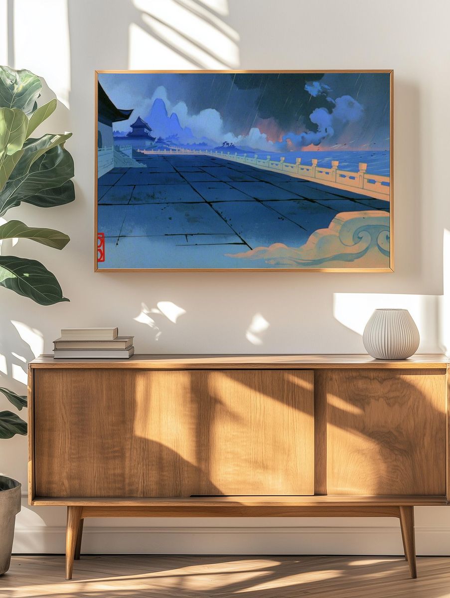 Rainy Temple Terrace Anime Print. — room view 3