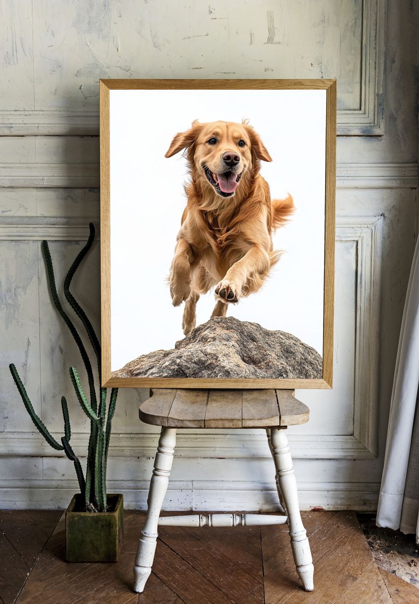 Golden Retriever Jumping Photography Poster. — room view 1