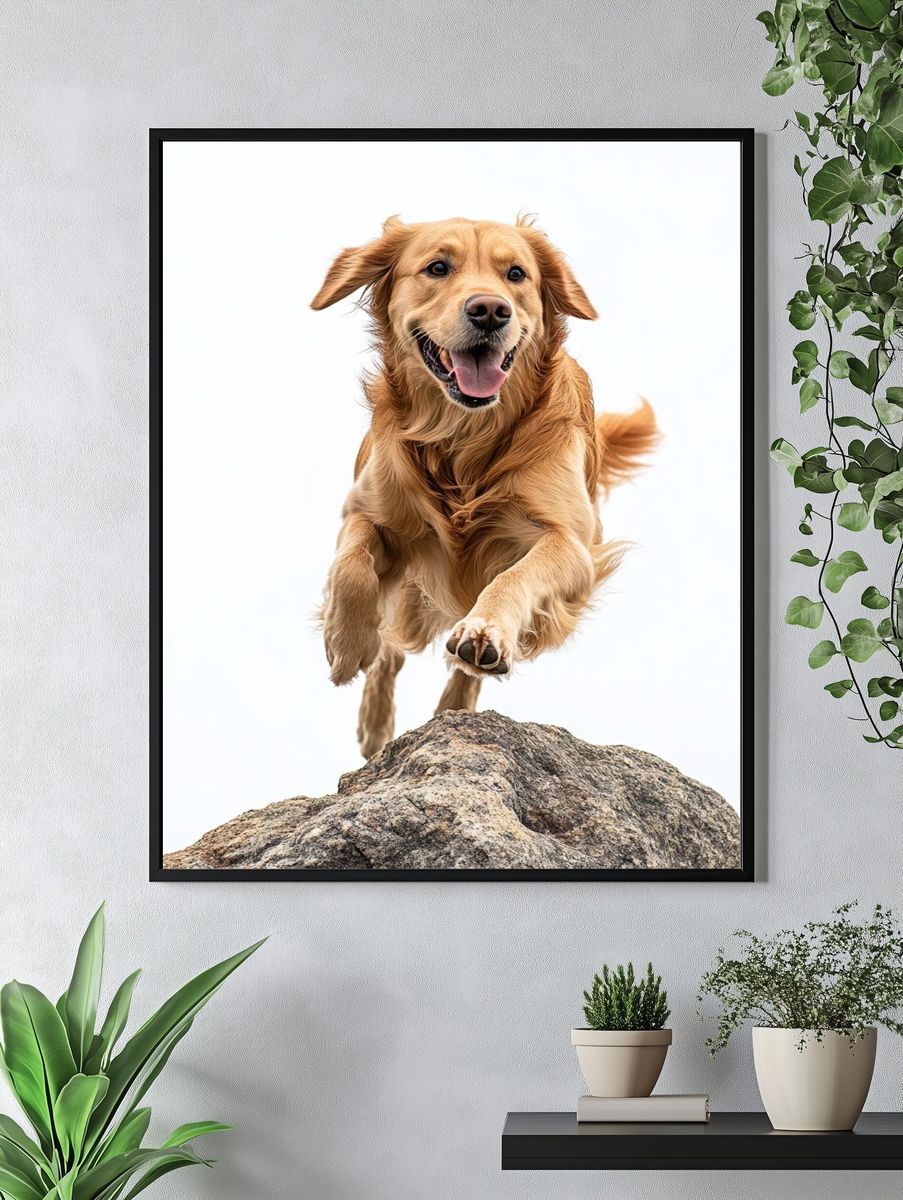 Golden Retriever Jumping Photography Poster. — room view 4