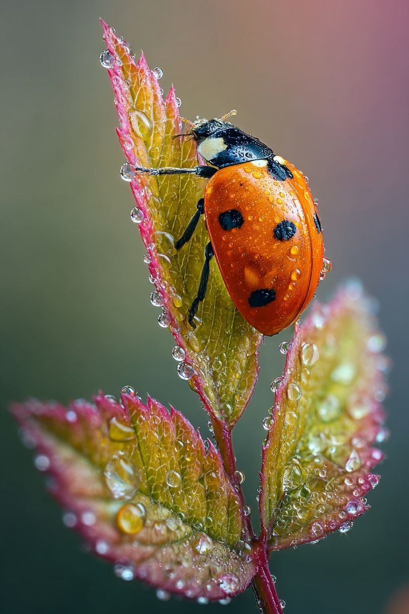 Ladybug on Dewy Leaves Photography Poster. poster — animals art