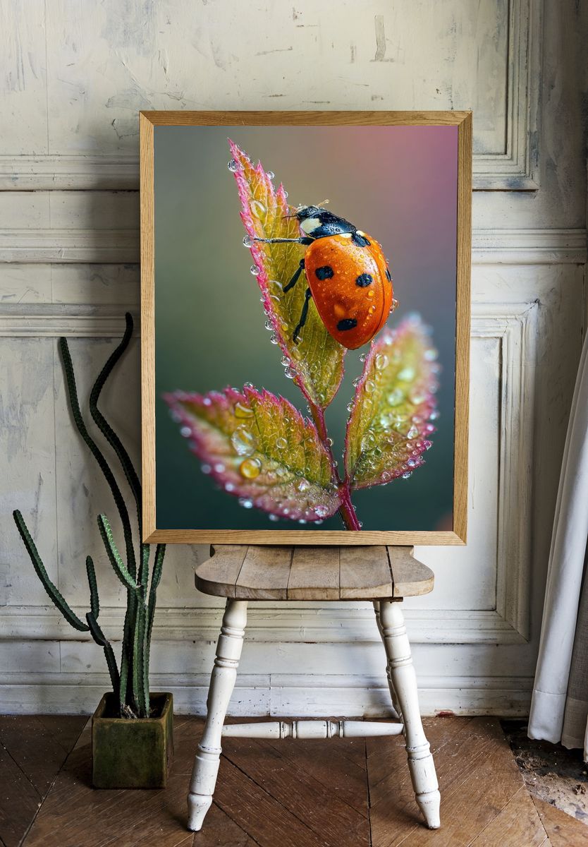 Ladybug on Dewy Leaves Photography Poster. — room view 1