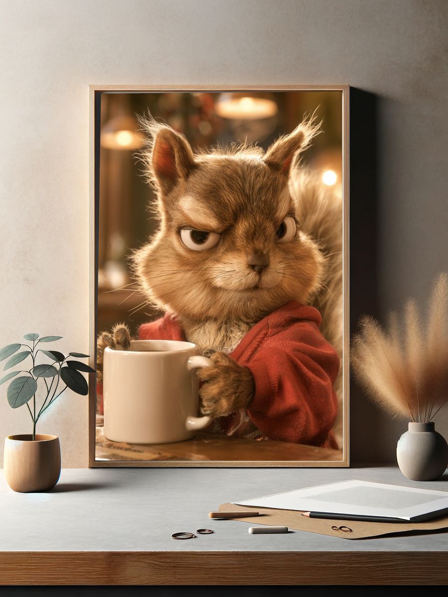 Squirrel with Coffee Illustration Poster. — room view 2