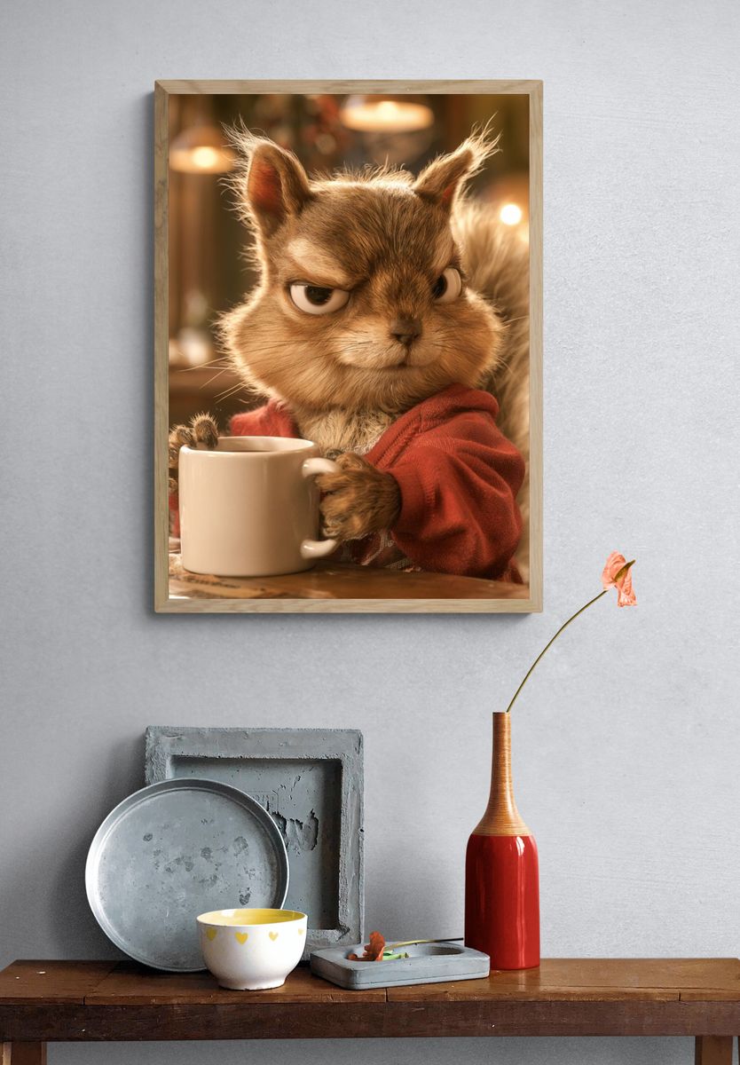 Squirrel with Coffee Illustration Poster. — room view 3